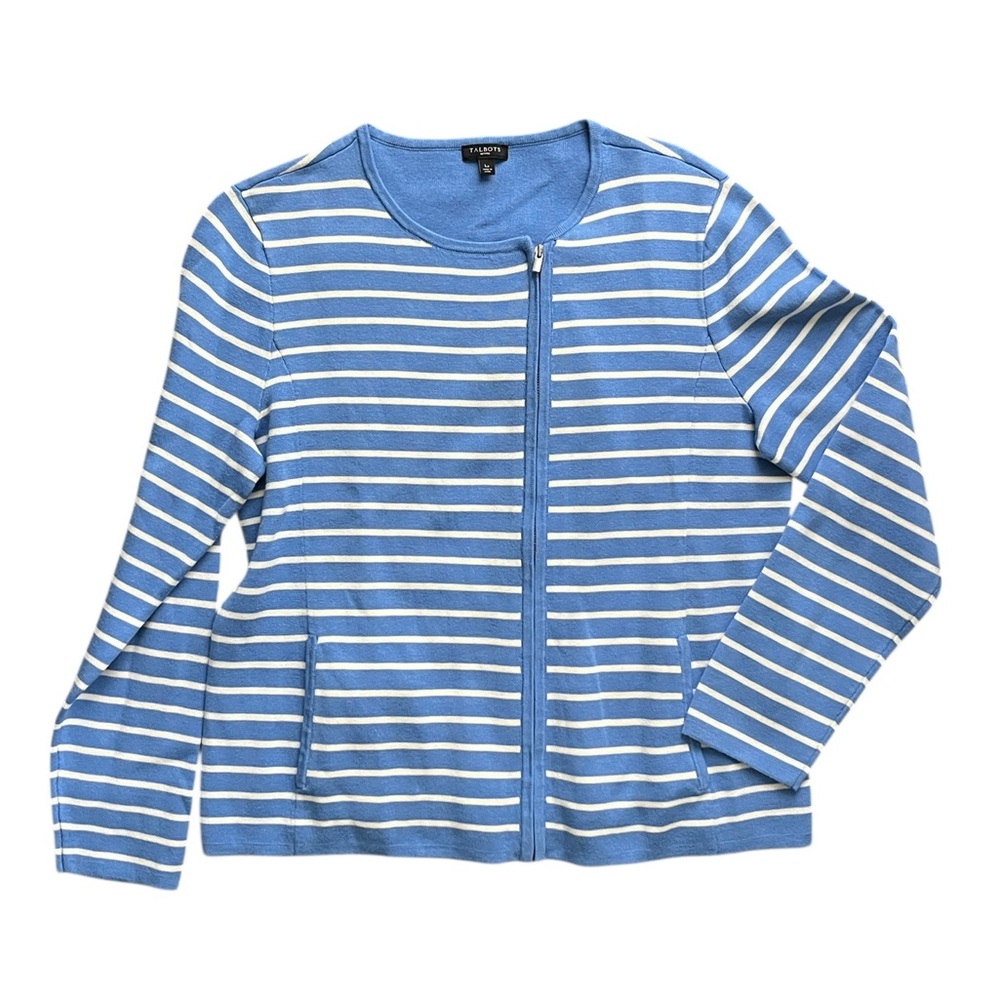 Talbots women's zip jacket in blue and white stripe